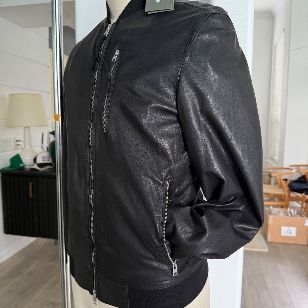 ALL SAINTS X- SMALL Mens Black Leather NINO Bomber Jacket - Picture 8 of 14